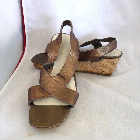 Nine West copper cork Wedge sandals 9M Leather metalic - Picture 1 of 3